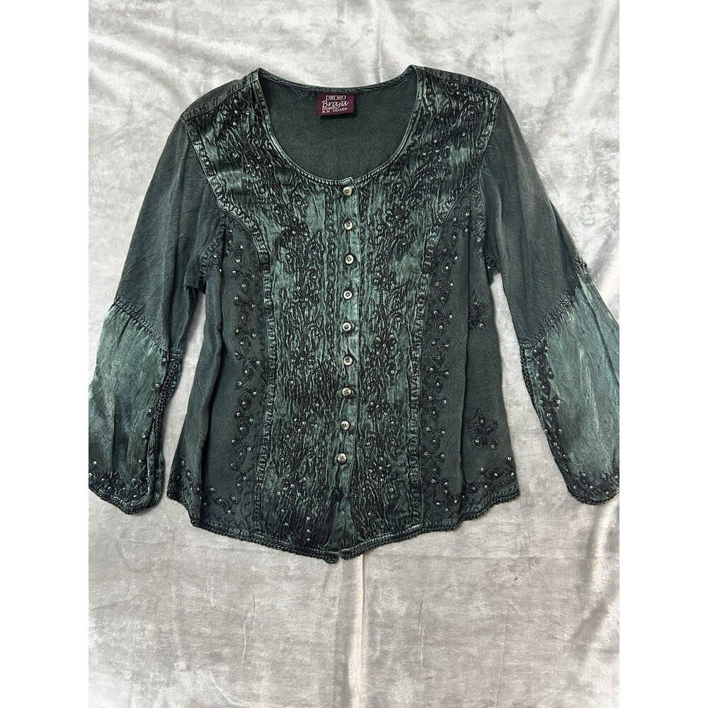 Braya Exclusives Embroidered Blouse Womens Free Size Green Beaded Boho Festival